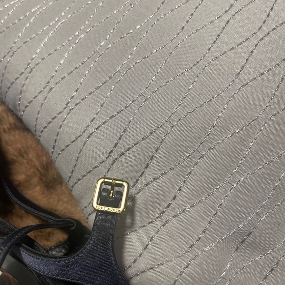 Tory Burch" Black Velvet & Navy Blue Satin T-Strap Heels - Picture 15 of 15